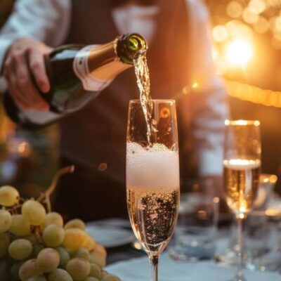Na eleganckim przyjęciu obsługa nalewa szampana, pokazując doskonały catering na eventy.