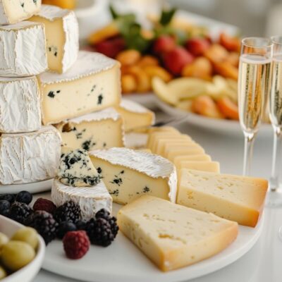 Deski serów z różnymi rodzajami serów i owocami, obok kieliszki szampana.